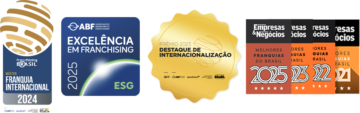 Selos da rede: Máster Franquia Internacional 2024 (Franchising Brasil), ABF Excelência em Franchising 2025 (ESG), Prêmio 2023 Destaque de Internacionalização e Melhores Franquias do Brasil 2021, 2022, 2023 e 2025 (Pequenas Empresas & Grandes Negócios).